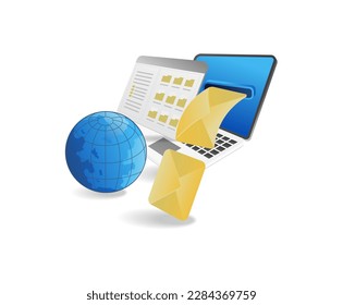 Laptop with email and envelope on white background. Vector illustration.