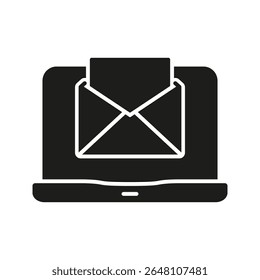 Laptop With Email Envelope Solid Icon. Digital Communication, Online Messaging, And Email Notification Silhouette Symbol. Internet Connectivity. Isolated Vector Illustration.