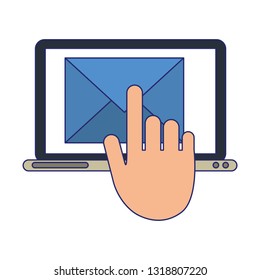 laptop email and hand toucing screen symbol blue lines