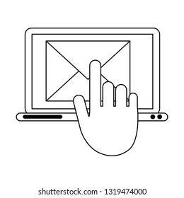 laptop email and hand toucing screen symbol black and white