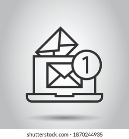 Laptop with email icon in flat style. Mail notification vector illustration on white isolated background. Envelope with message business concept.