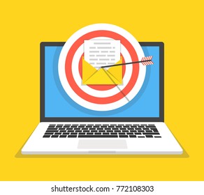 Laptop with email letter and arrow on the target. Email marketing, internet advertising concepts. Vector illustration.