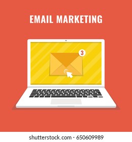 Laptop with email letter on screen. Email marketing, internet advertising concepts. Flat vector illustration.
