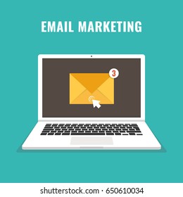 Laptop with email letter on screen. Email marketing, internet advertising concepts. Flat vector illustration.