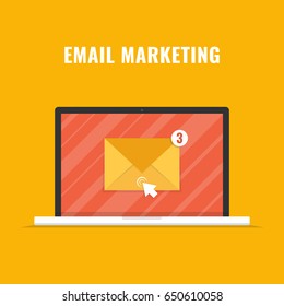 Laptop with email letter on screen. Email marketing, internet advertising concepts. Flat vector illustration.