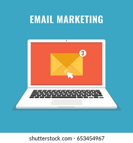 Laptop with email letter on screen. Email marketing, internet advertising concepts. Flat vector illustration.