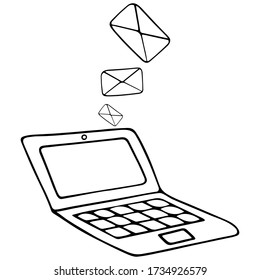 Laptop and email. Letters in an envelope. Vector illustration. Contour on an isolated white background. Doodle style. Sketch. Email message to the recipient. Newsletter. Space for text on screen. PC.
