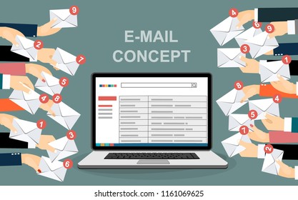 Laptop with email and many hands holding envelopes messages. Email concept. Vector flat design illustration.