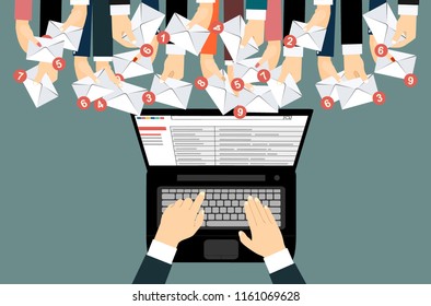 Laptop with email and many hands holding envelopes messages. Email concept. Vector flat design illustration.