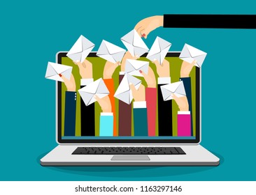 Laptop with email and many hands holding envelopes messages. Email concept. Vector flat design illustration.