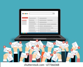  Laptop with email and many hands holding envelopes messages. Email concept. Businessman receiving email. Vector flat design illustration.