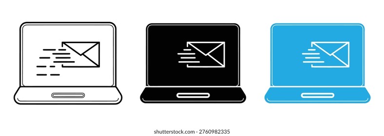 Laptop Email Marketing and Outgoing Message Notification Icon Set.Email icons on laptop computers in black white and blue