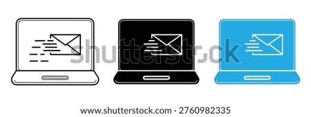 Laptop Email Marketing and Outgoing Message Notification Icon Set.Email icons on laptop computers in black white and blue