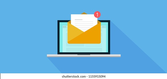 Laptop Email notification message, with buble number new email. flat vecotr illustration with long shadow