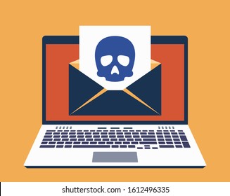 Laptop, E-Mail on Its Screen and Paper Leaf With Icon of Skull on It. Computer Virus Infected Mail Concept. Vector Illustration in Flat Design Style