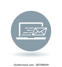 Laptop email send icon. Notebook mail delivery sign. Sent mail outbox symbol. White icon on cool grey circle background. Vector illustration.