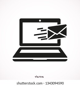 Laptop email send icon. Outgoing mail delivery sign. Notebook sent message symbol. Vector illustration