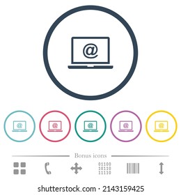 Laptop with email symbol flat color icons in round outlines. 6 bonus icons included.