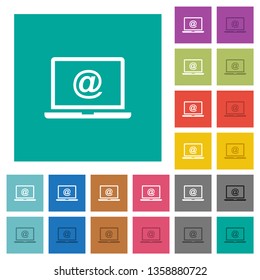 Laptop with email symbol multi colored flat icons on plain square backgrounds. Included white and darker icon variations for hover or active effects.
