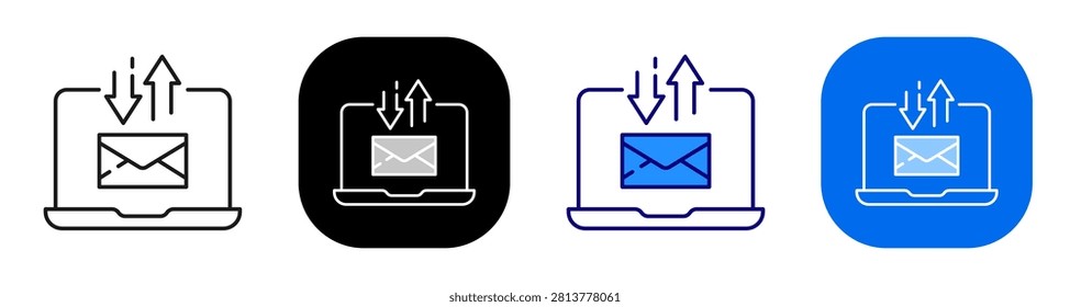 Laptop email transfer concept representing mail upload download and exchange. Line, filled, black, color set. Editable stroke