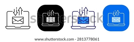 Laptop email transfer concept representing mail upload download and exchange. Line, filled, black, color set. Editable stroke