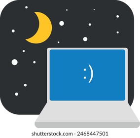 Laptop with emoticon on screen against a night sky with moon and stars.