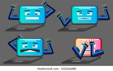 Laptop emotions. Learning with your computer. Notebook emotions - angry, joyful, telling and a reboot hang. Vector Laptops. 4 in 1.