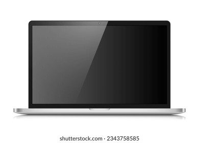 A laptop with an empty black screen with a glare on a white background. Realistic laptop layout with a light silver case. Vector illustration.