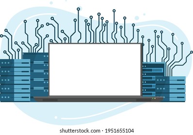Laptop with empty screen display with computer server hub technology in many styles. Technology bitcoin cryptocurrency online concept 