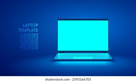 Laptop empty screen on desk on blue background. Laptop vector front view. Front open cyan screen gaming laptop mock up. Vector template blank screen notebook in blue light. Laptop mockup.