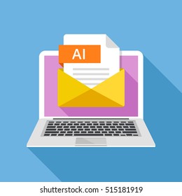 Laptop with envelope and AI file. Notebook and email with file attachment AI document. Trendy graphic elements for website, web banners, mobile app. Modern long shadow flat design. Vector illustration