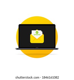 Laptop and envelope with approved letters. Opened envelope and document with green tick. Accepted email in envelope. Vector flat cartoon illustration for web sites and banners design