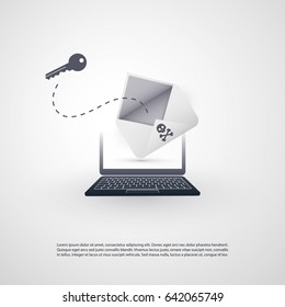 Laptop and Envelope - Backdoor Infection by E-mail - Virus, Malware, Ransomware, Fraud, Spam, Phishing, Email Scam, Hacker Attack - IT Security Concept Design, Vector illustration