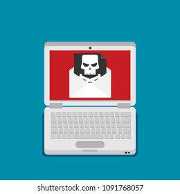 Laptop and envelope with black document and skull icon. Vector illustration