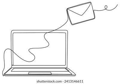 Portátil con el dibujo continuo de la línea del sobre. Envía el concepto de mensaje. Ilustración vectorial aislada en blanco.