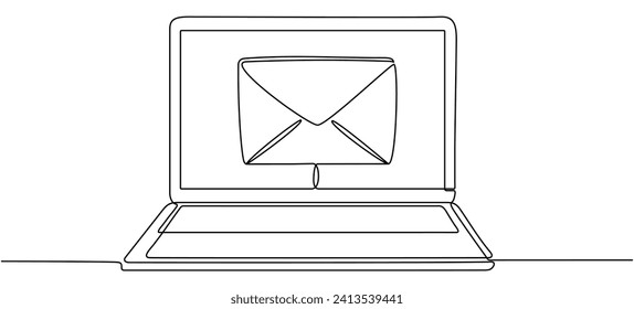 Laptop with envelope continuous line drawing. Send message concept. Vector illustration isolated on white.