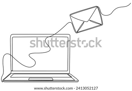 Laptop with envelope continuous line drawing. Send message concept. Vector illustration isolated on white.