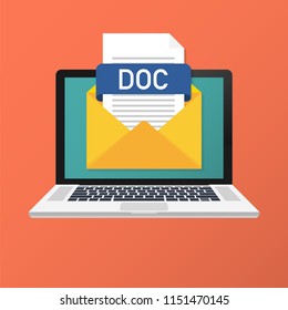 Laptop with envelope and DOC file. Notebook and email with file attachment DOC document. Vector stock illustration.