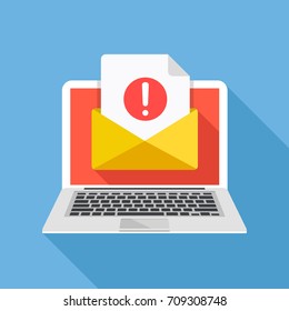 Laptop with envelope and document with exclamation point on screen. Receive notification, alert message, warning, get e-mail, email, spam concepts. Flat design vector illustration