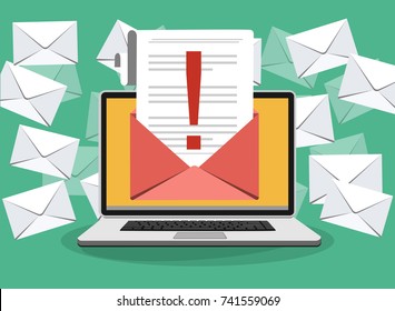 Laptop with envelope and document with exclamation point on screen. Receive notification, alert message, warning, get e-mail, email, spam concepts. Flat design vector illustration