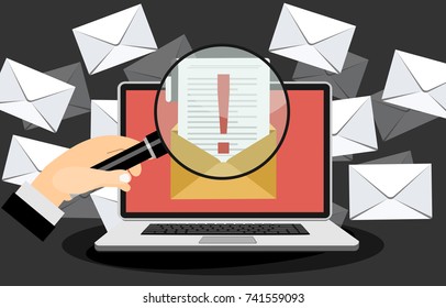 Laptop with envelope and document with exclamation point on screen. Receive notification, alert message, warning, get e-mail, email, spam concepts. Flat design vector illustration