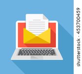Laptop with envelope and document on screen. E-mail, email marketing, internet advertising concepts. Flat design vector illustration