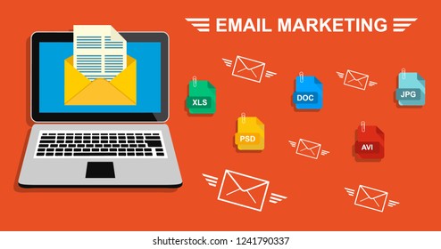Laptop with envelope and document on screen. E-mail, email marketing, internet advertising concepts