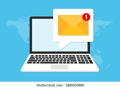 Laptop with envelope and document on screen. E-mail, email icon