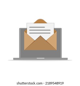 Laptop with envelope and document on screen. E-mail, email marketing, internet advertising concepts. Flat design vector illustration