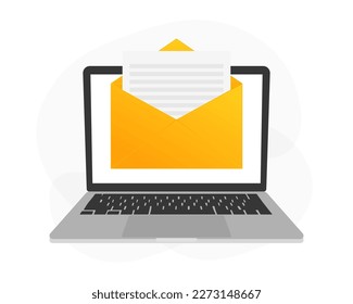 Laptop with envelope and document on screen. E-mail, email marketing, internet advertising concepts. Flat design vector illustration. 
