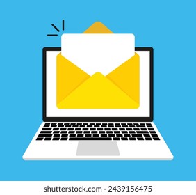 Laptop with envelope and document on screen. E-mail, email icon, vector 10 eps.