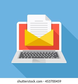 Laptop with envelope and document on screen. E-mail, email marketing, internet advertising concepts. Flat design vector illustration