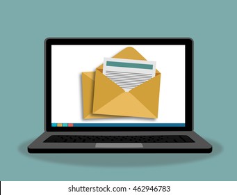 Laptop with envelope and document on screen. E-mail, email marketing, internet advertising concepts. Flat design vector illustration