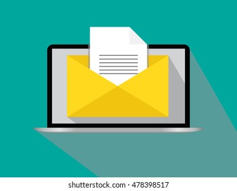 Laptop with envelope and document on screen. E-mail, email marketing, internet advertising concepts. Flat design vector illustration